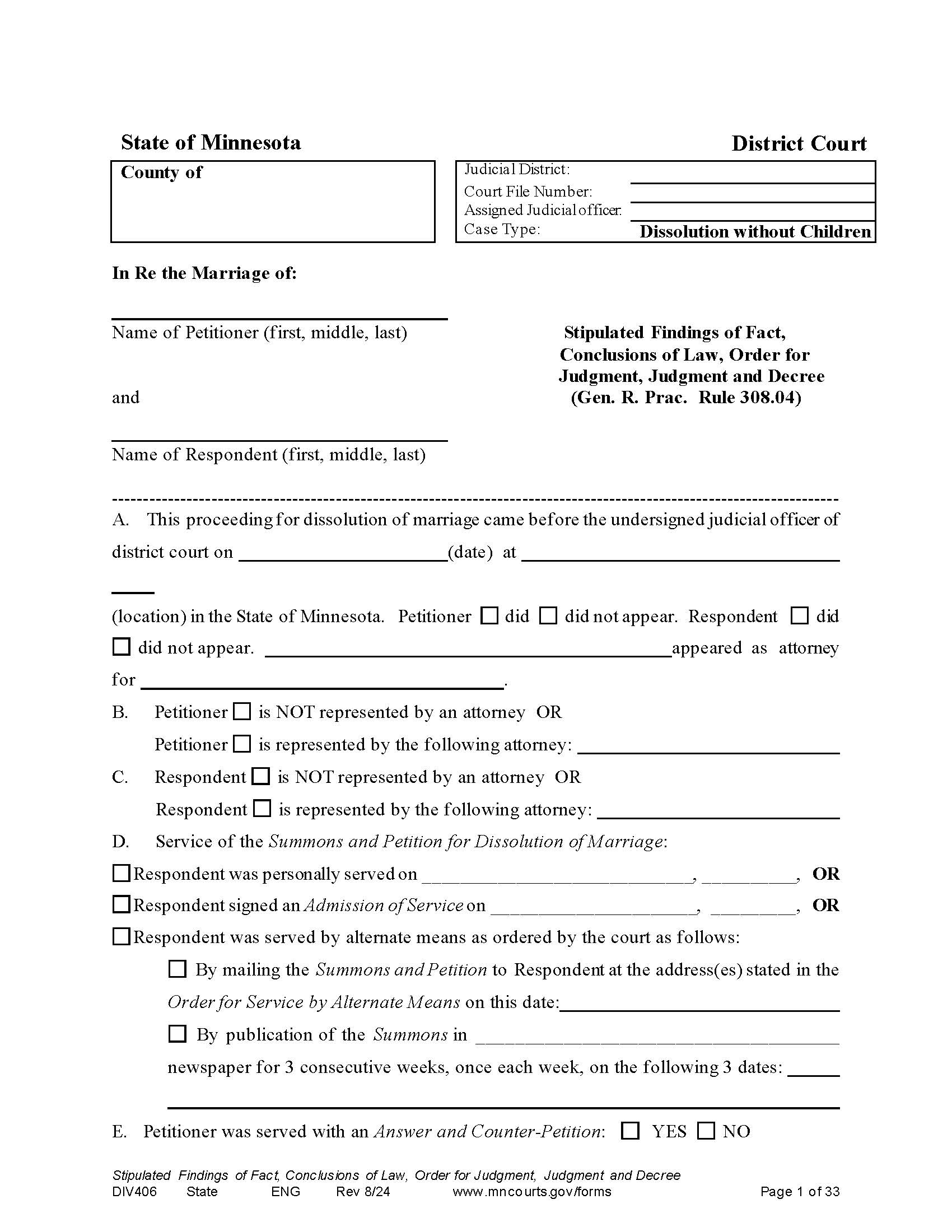 Stipulated Findings Of Fact Conclusions Of Law {DIV-406} | Pdf Fpdf Docx | Minnesota