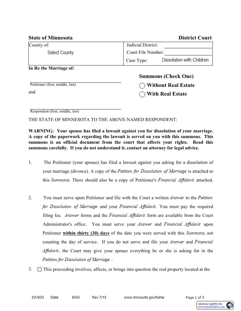 Summons - (Combined) (Dissolution With Children) {DIV-803} | Pdf Fpdf Docx | Minnesota