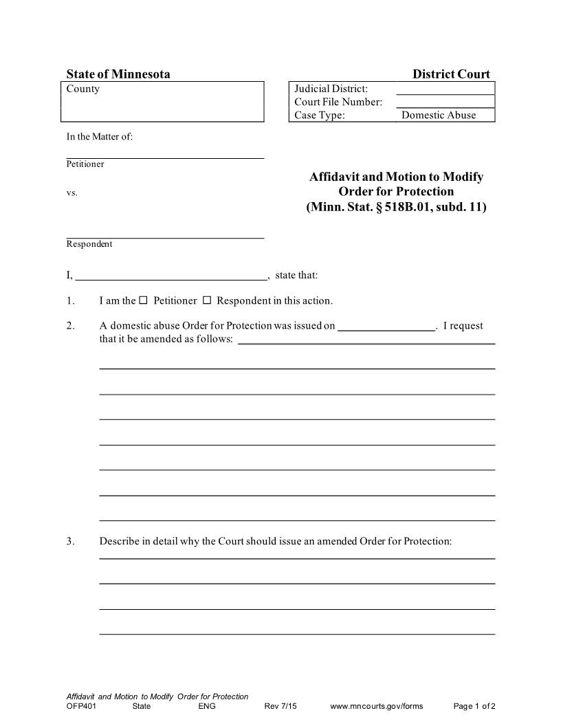 Affidavit And Motion To Modify Order For Protection {OFP-401} | Pdf Fpdf Docx | Minnesota