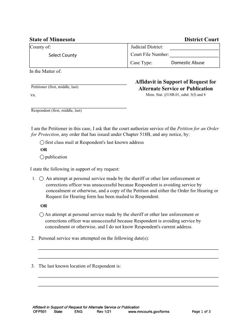 Affidavit And Order For Alternate Service Or Publication {OFP-501} | Pdf Fpdf Docx | Minnesota