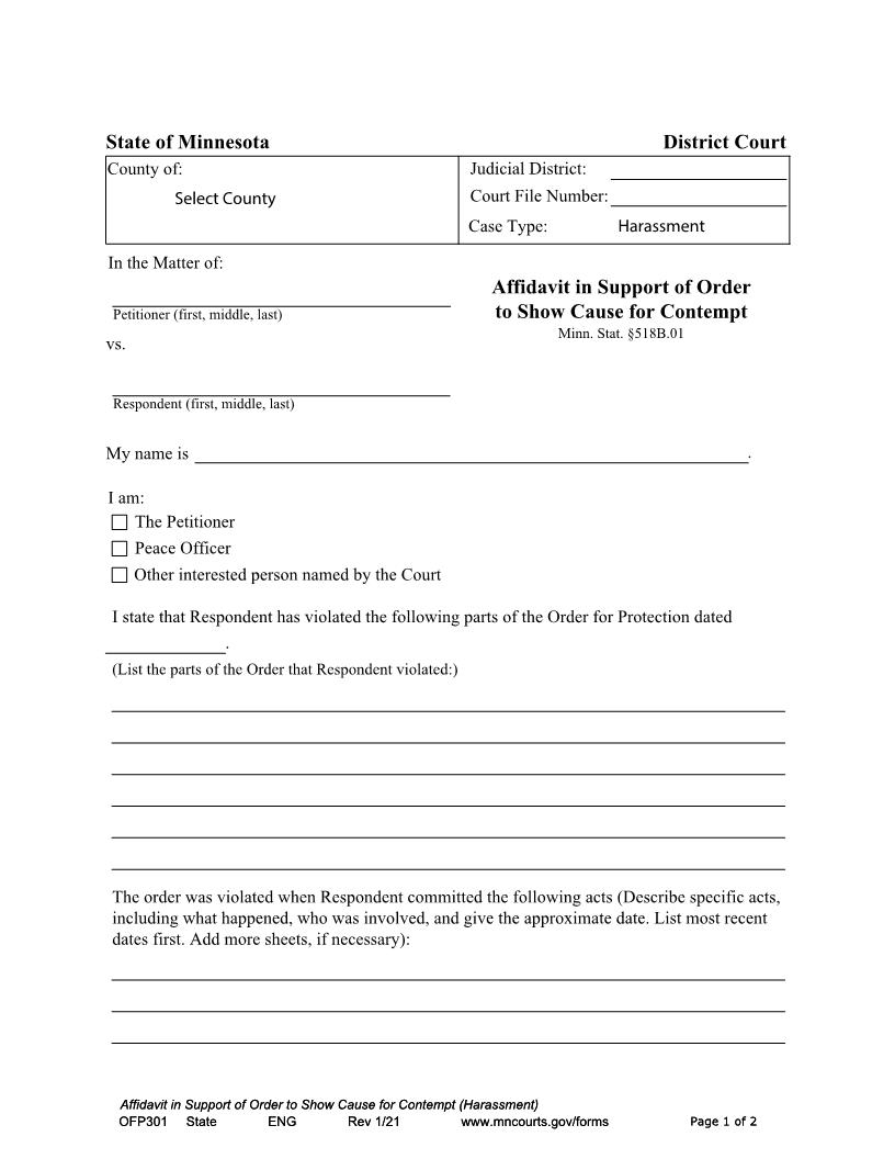 Affidavit And Order To Show Cause For Contempt {OFP-301} | Pdf Fpdf Docx | Minnesota