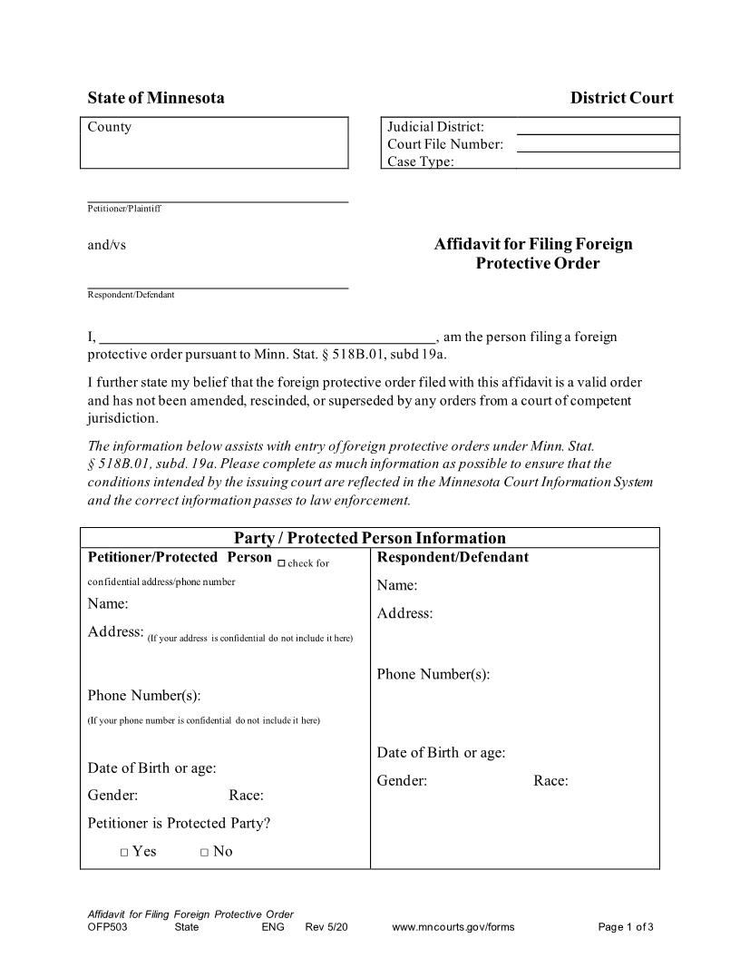 Affidavit For Filing Foreign Protective Order {OFP-503} | Pdf Fpdf Docx | Minnesota
