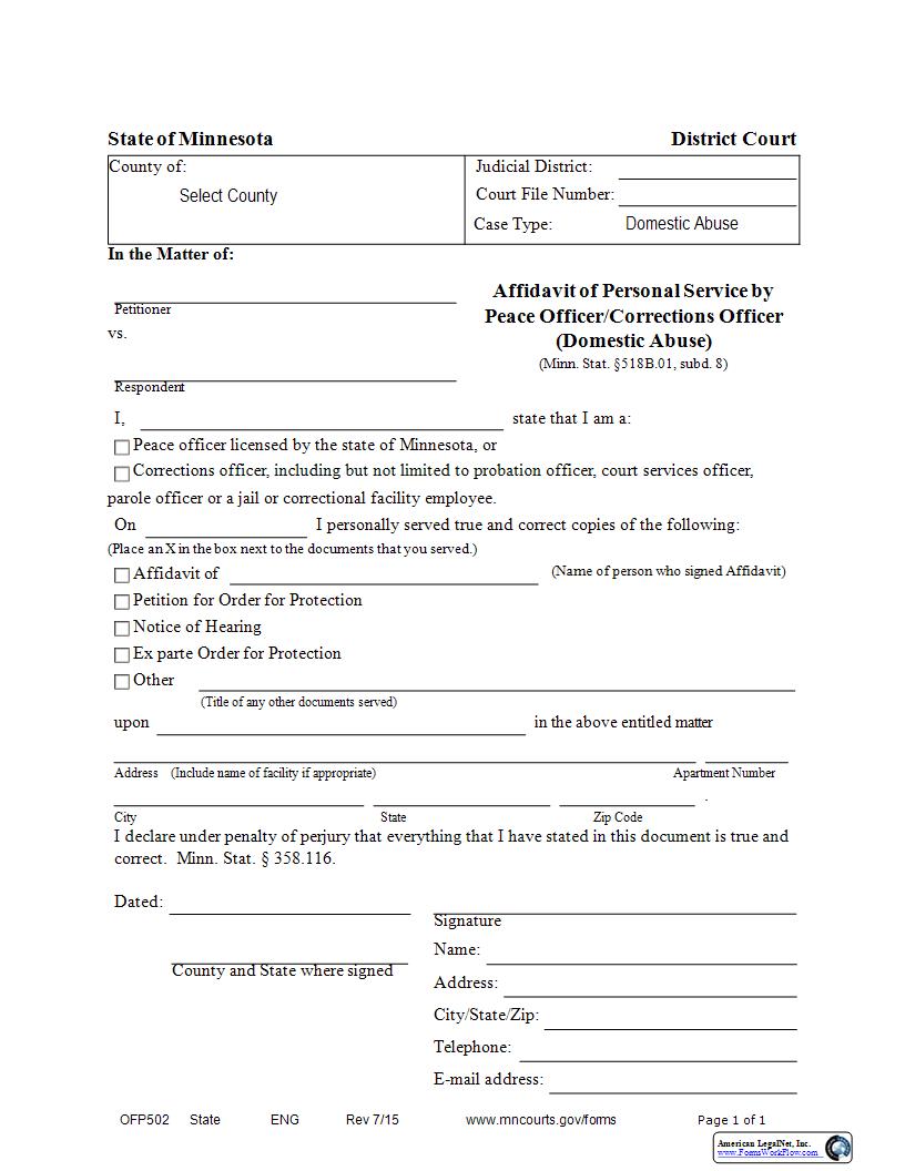 Affidavit Of Personal Service By Peace Officer Or Corrections Officer (Domestic Abuse) {OFP-502} | Pdf Fpdf Docx | Minnesota