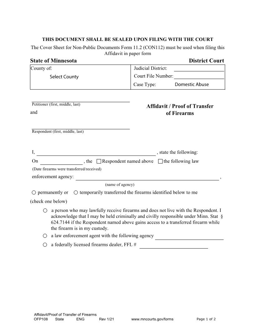 Affidavit Proof Of Transfer Of Firearms {OFP-108} | Pdf Fpdf Docx | Minnesota