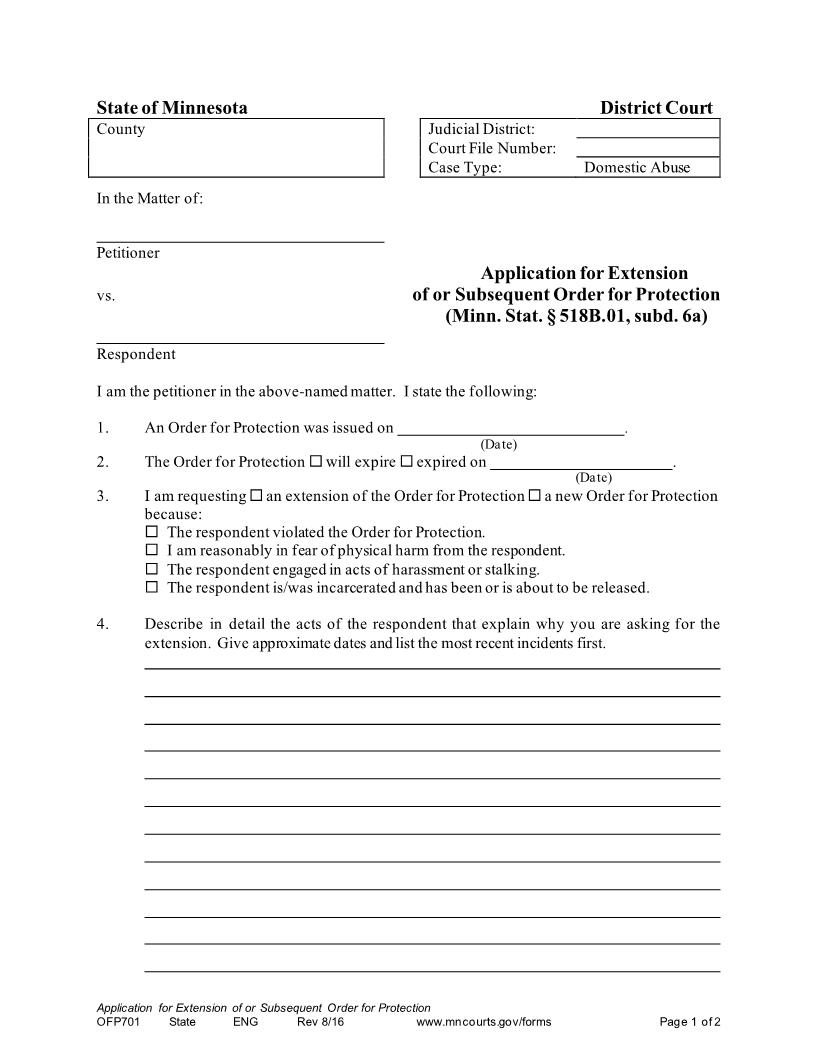 Application For Extension Of Or Subsequent Order For Protection {OFP-701} | Pdf Fpdf Docx | Minnesota