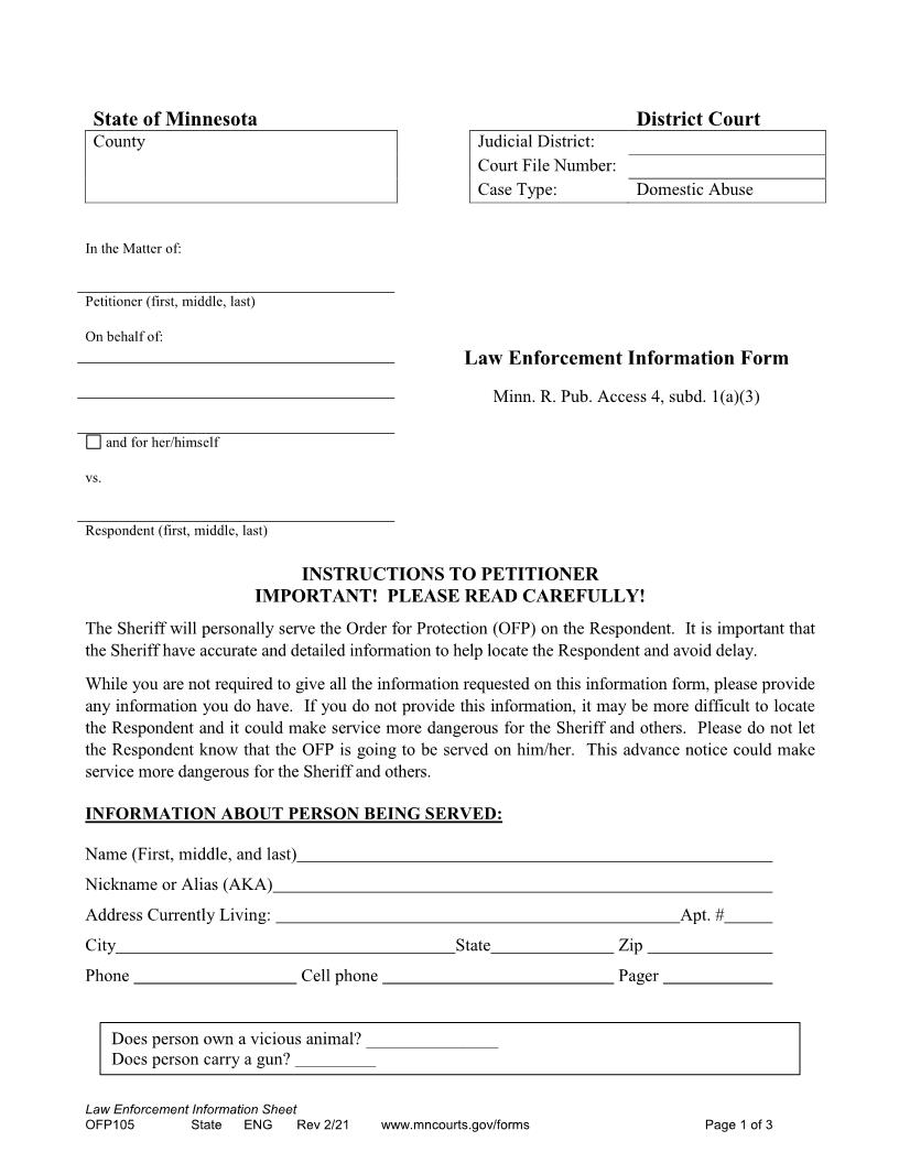 Law Enforcement Information Form {OFP-105} | Pdf Fpdf Docx | Minnesota