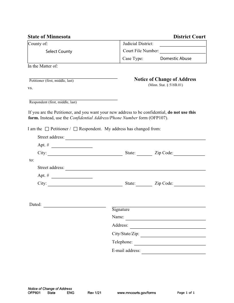Notice Of Change Of Address {OFP-801} | Pdf Fpdf Docx | Minnesota