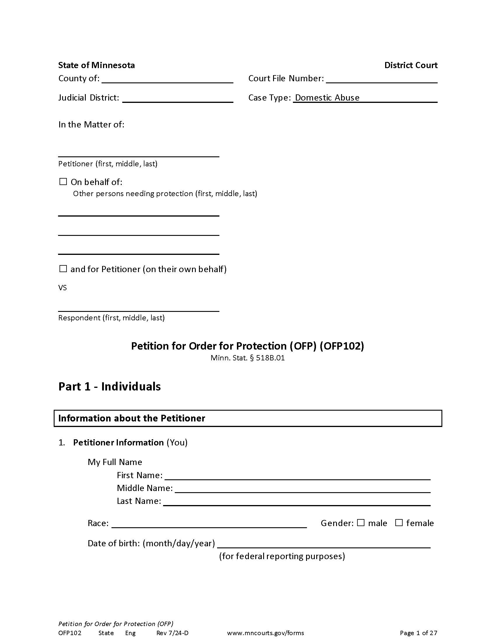 Petition For Order For Protection {OFP-102} | Pdf Fpdf Docx | Minnesota