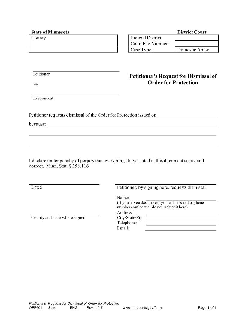 Petitioners Request For Dismissal Of Order For Protection {OFP-601} | Pdf Fpdf Docx | Minnesota