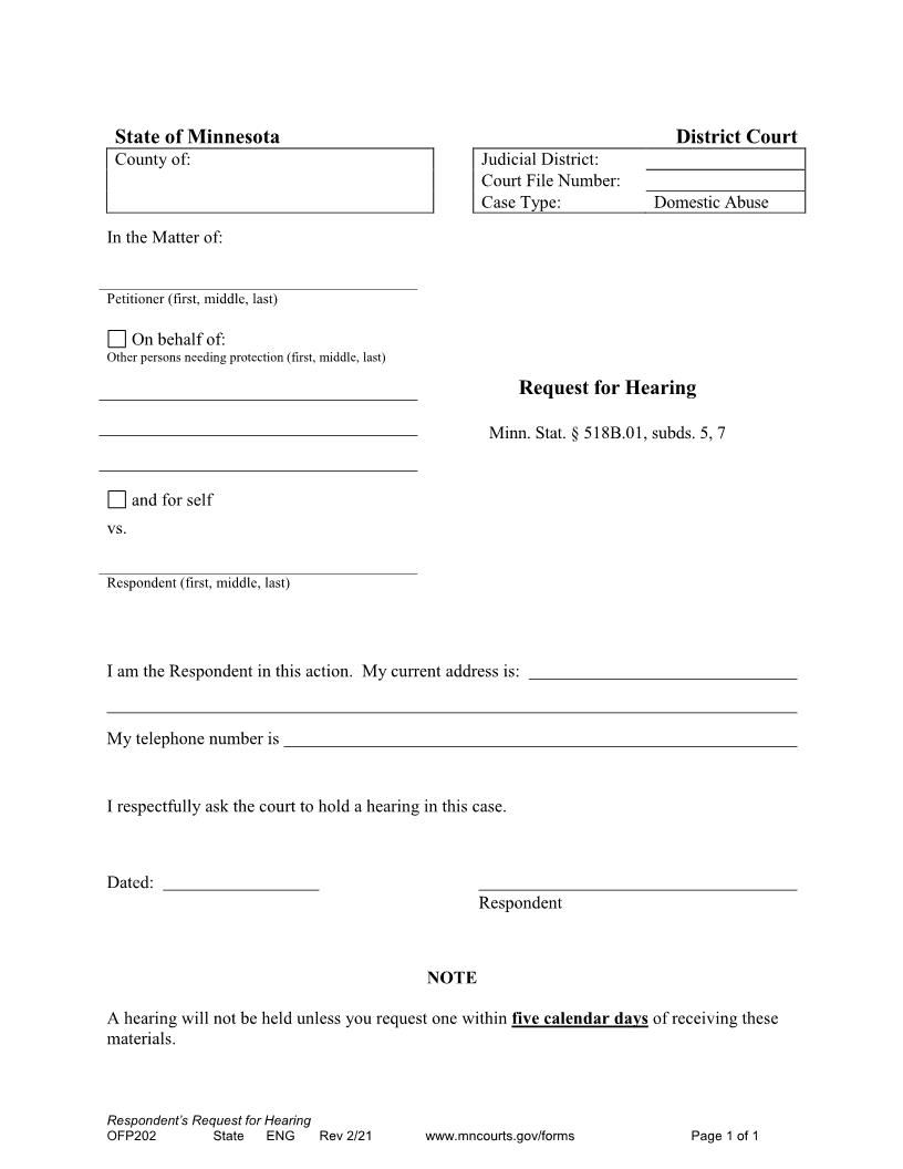 Request For Hearing {OFP-202} | Pdf Fpdf Docx | Minnesota