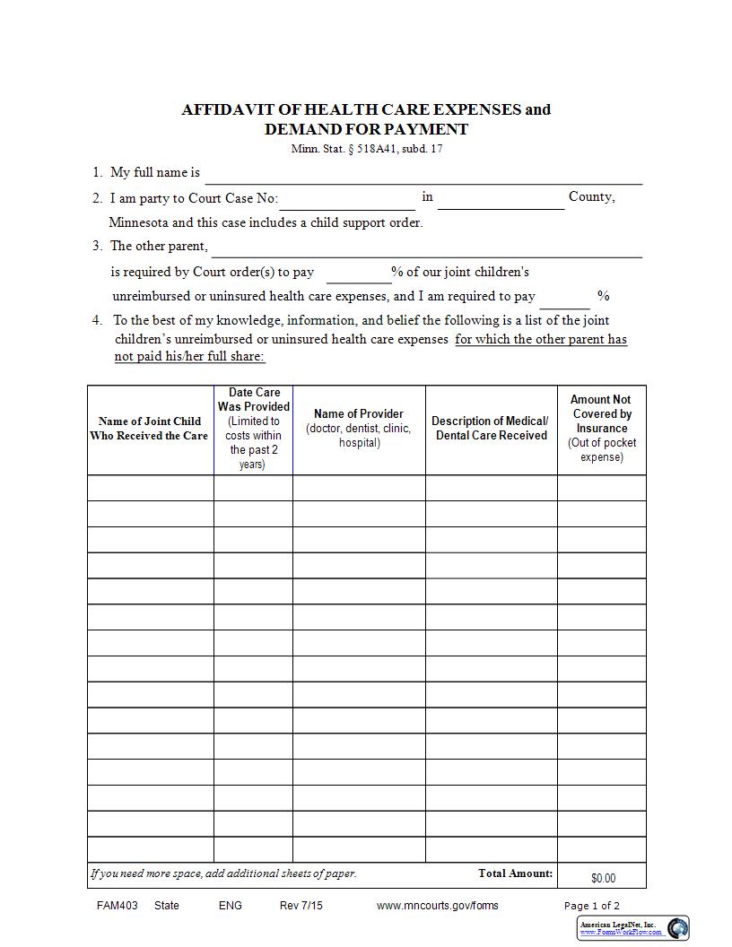 Affidavit Of Health Care Expenses And Demand For Payment {FAM-403} | Pdf Fpdf Docx | Minnesota
