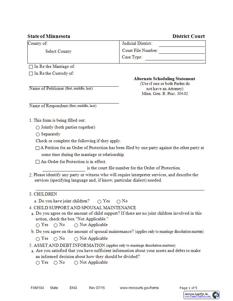 Alternative Scheduling Statement {FAM-104} | Pdf Fpdf Docx | Minnesota