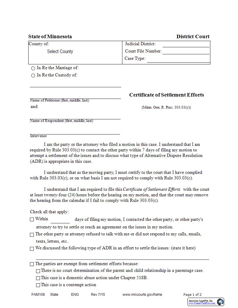 Certificate Of Settlement Efforts {FAM-106} | Pdf Fpdf Docx | Minnesota