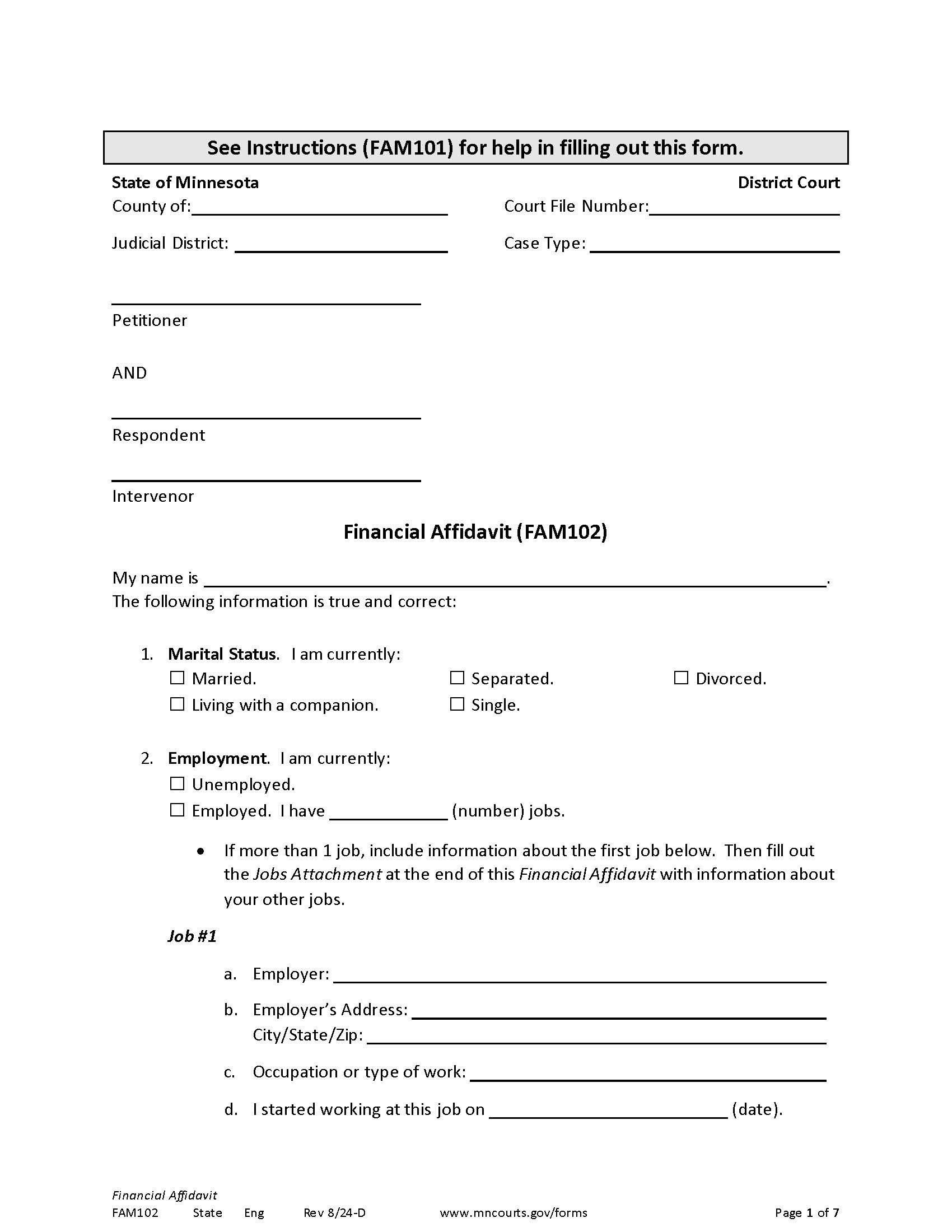 Financial Affidavit For Child Support {FAM-102} | Pdf Fpdf Docx | Minnesota