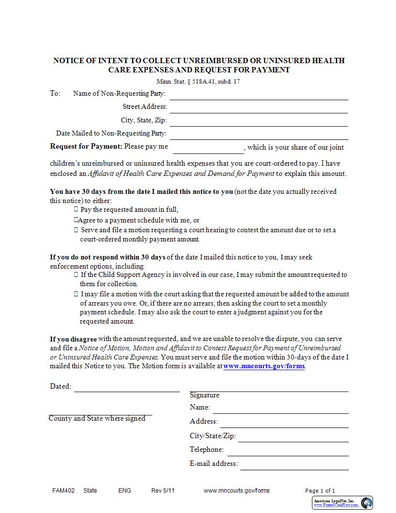 Notice Of Intent To Collect Unreimbursed Or Uninsured Health Care Expenses {FAM-402} | Pdf Fpdf Docx | Minnesota