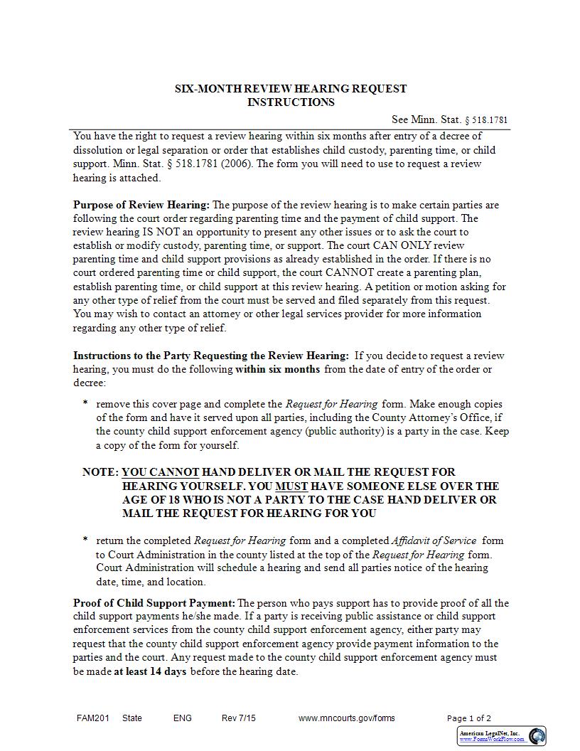 Request For Six Month Review Hearing {FAM-201} | Pdf Fpdf Docx | Minnesota