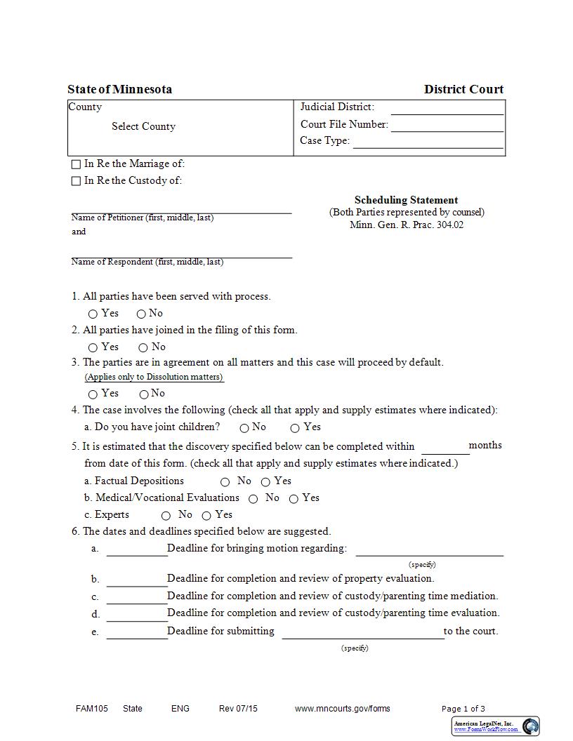 Scheduling Statement {FAM-105} | Pdf Fpdf Docx | Minnesota