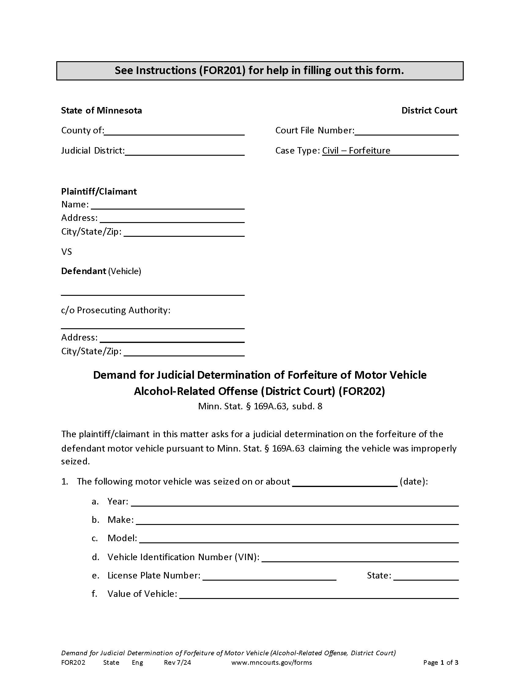 Demand For Judicial Determination Of Forfeiture Of Motor Vehicle {FOR-202} | Pdf Fpdf Doc Docx | Minnesota