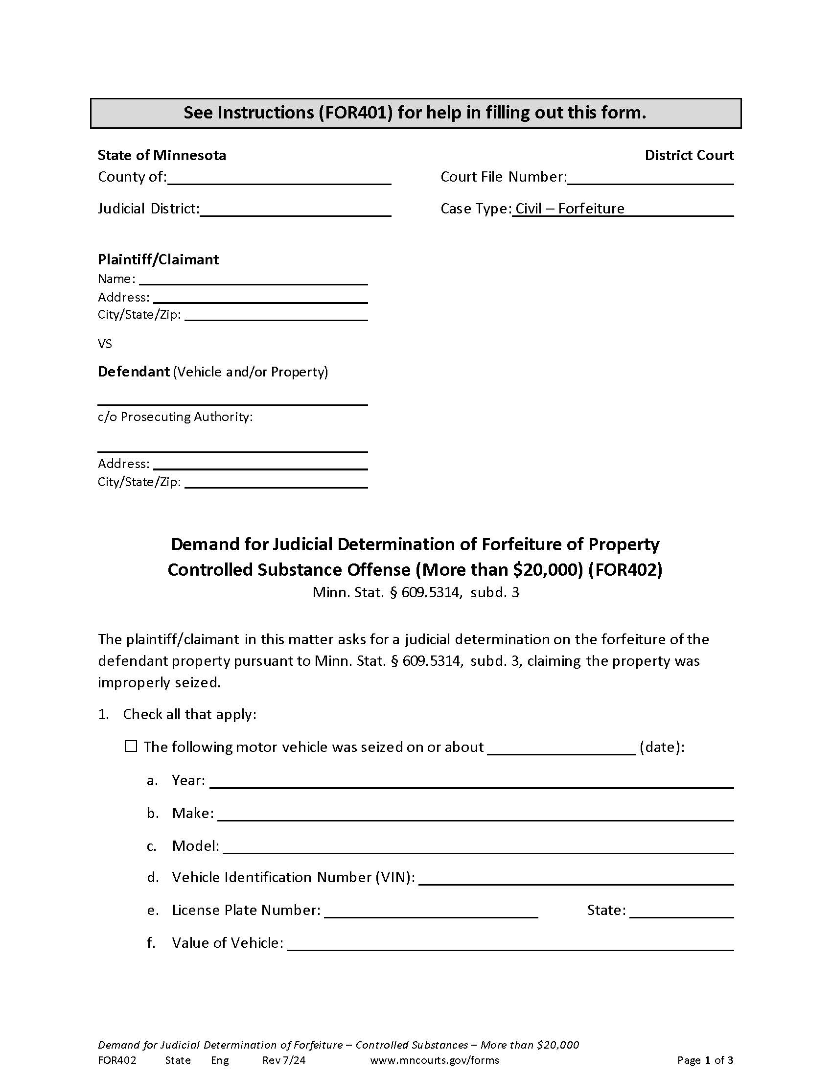 Demand For Judicial Determination Of Forfeiture Of Property {FOR-402} | Pdf Fpdf Doc Docx | Minnesota