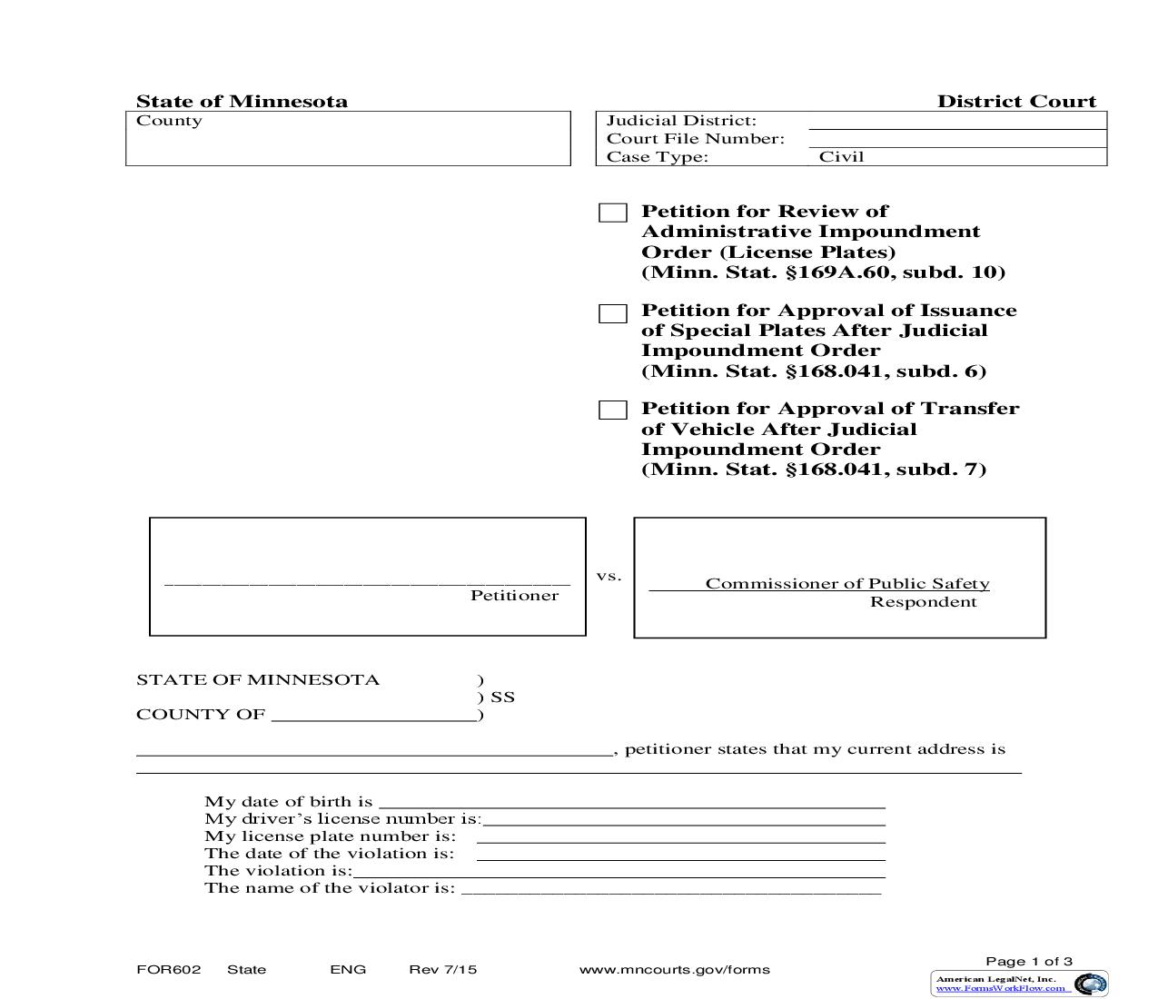 Petition For Review Of Administrative Impoundment Order Or Petition For Approval After Judicial Impoundment Order - And Order {FOR-602} | Pdf Fpdf Doc Docx | Minnesota