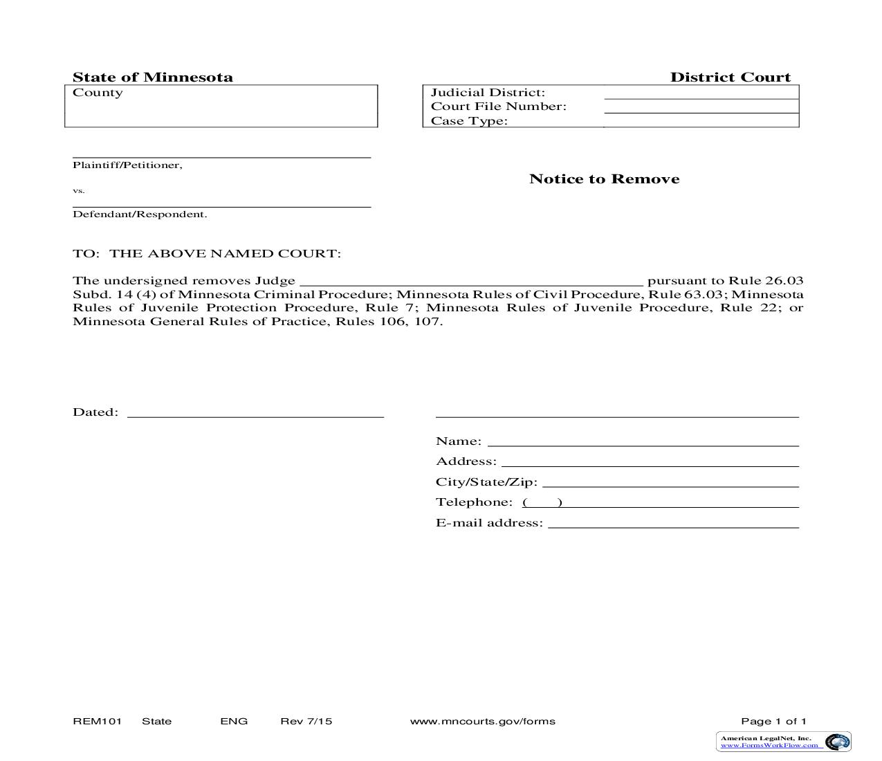 Notice To Remove {REM-101} | Pdf Fpdf Doc Docx | Minnesota