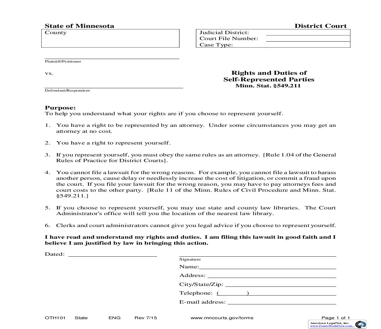 Rights And Duties Of Self Represented Parties {OTH-101} | Pdf Fpdf Doc Docx | Minnesota
