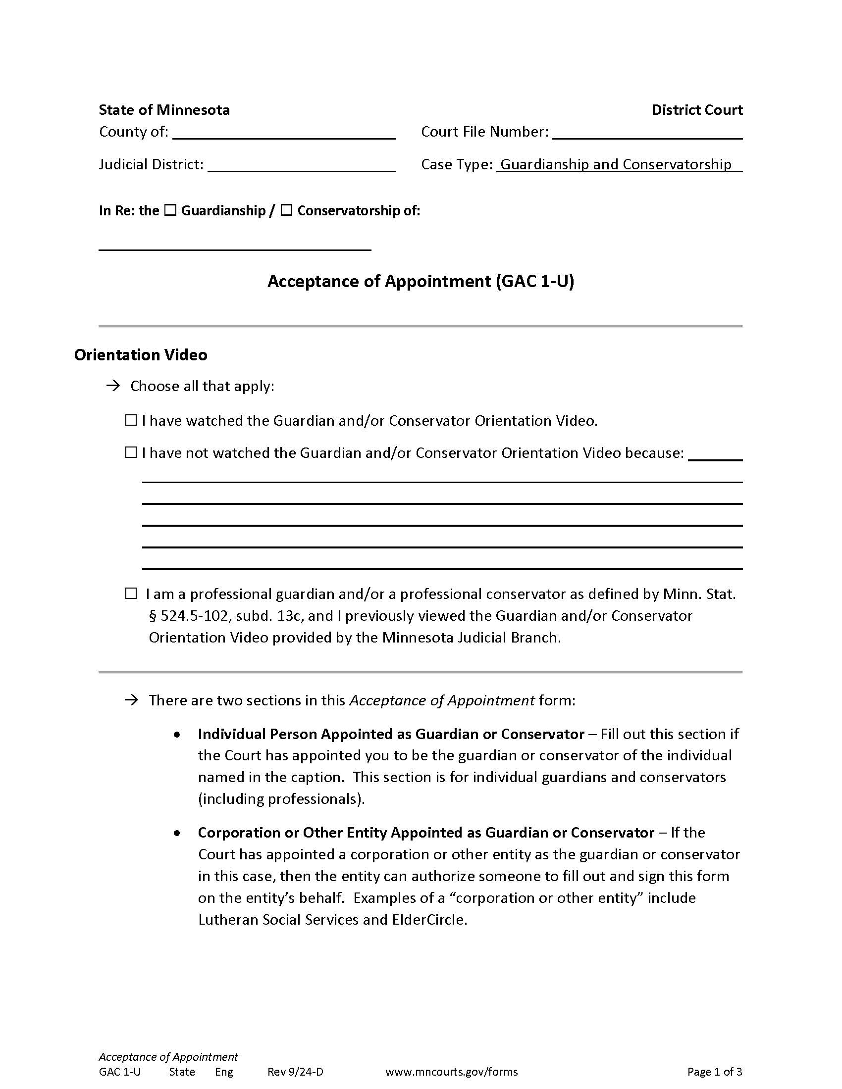 Acceptance Of Appointment {GAC-1-U} | Pdf Fpdf Doc Docx | Minnesota