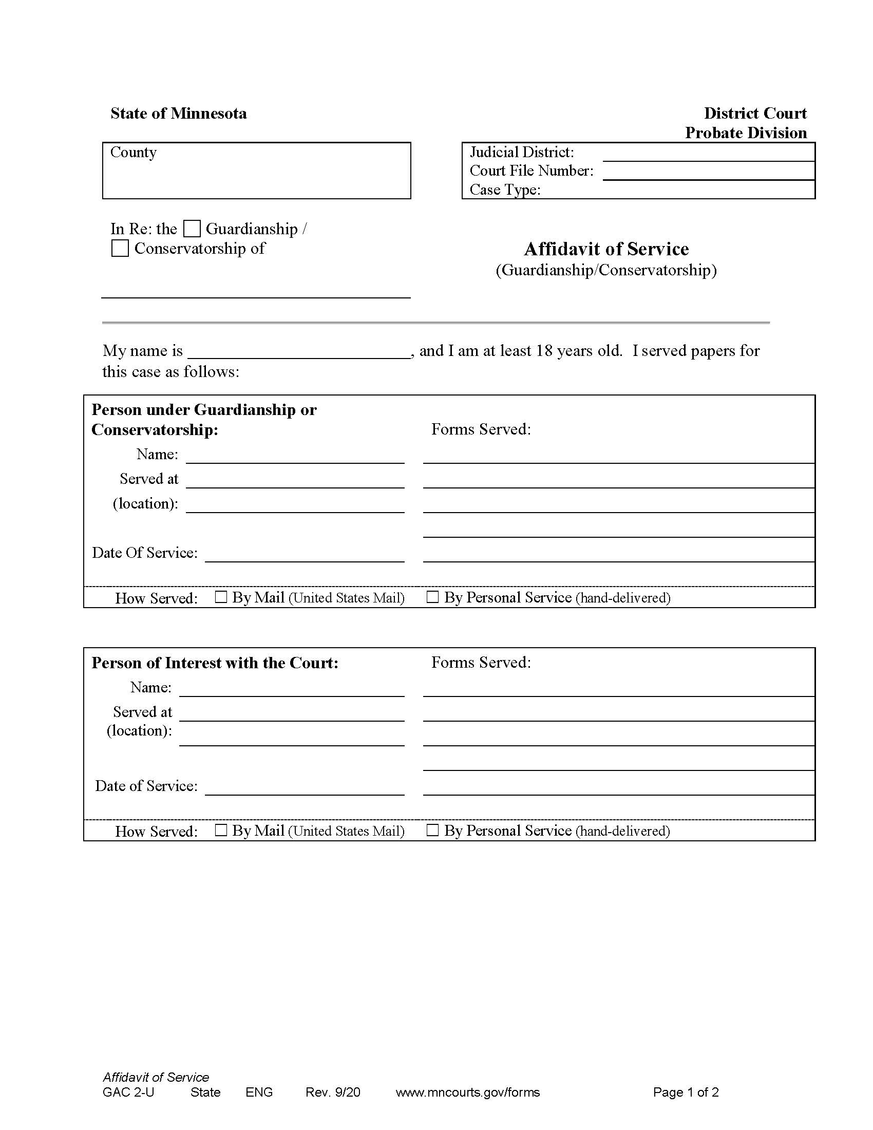 Affidavit Of Service {GAC-2-U} | Pdf Fpdf Doc Docx | Minnesota