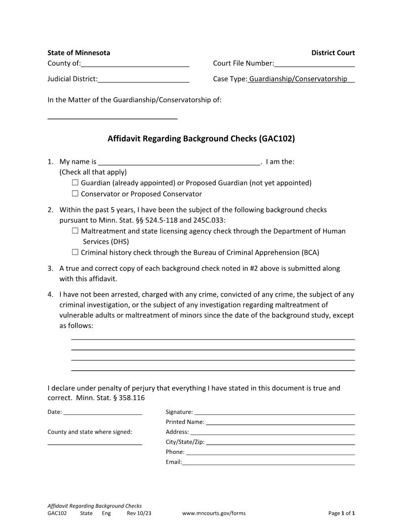 Affidavit Regarding Background Study {GAC-102} | Pdf Fpdf Doc Docx | Minnesota