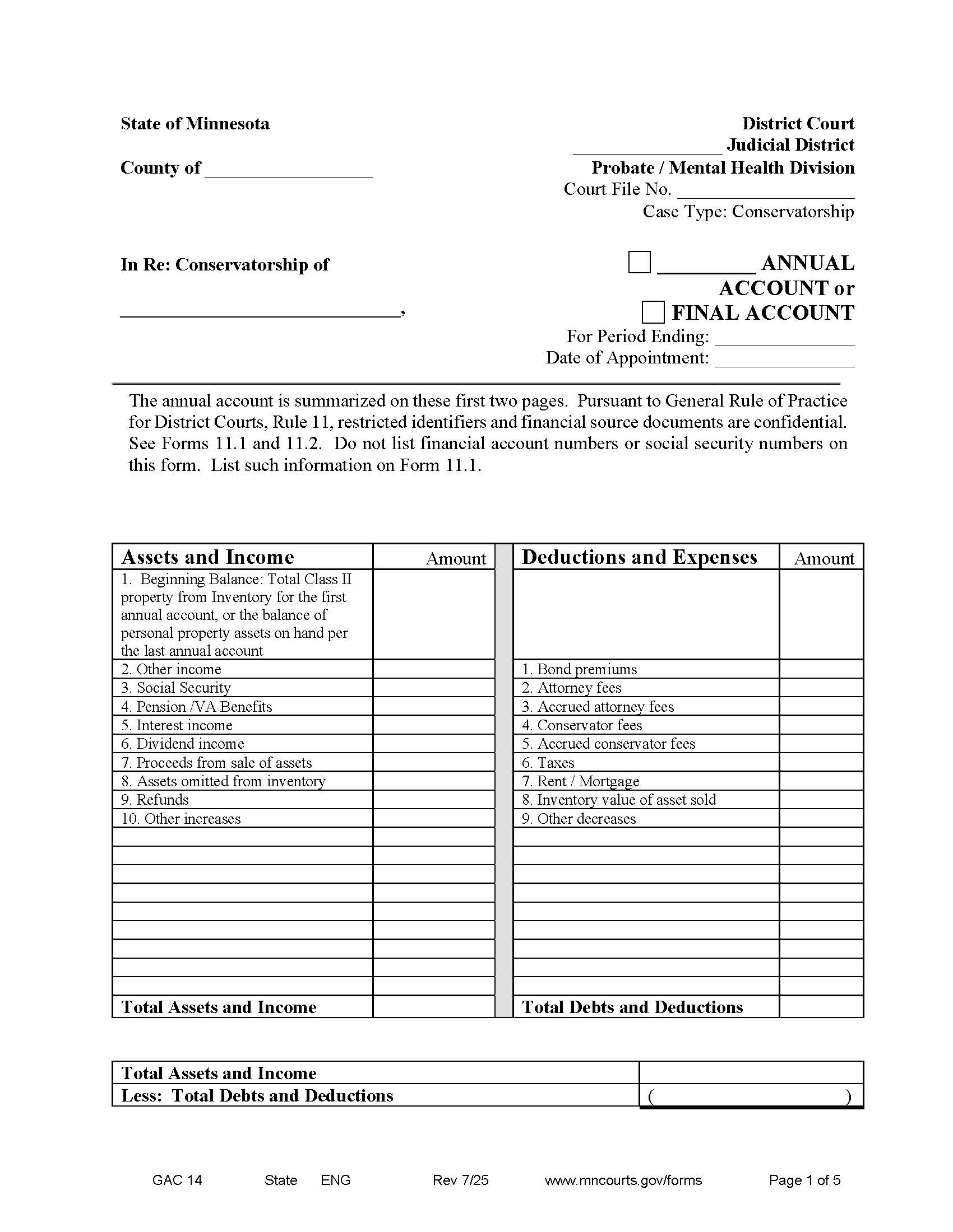 Annual Account Or Final Account {GAC-14} | Pdf Fpdf Doc Docx | Minnesota