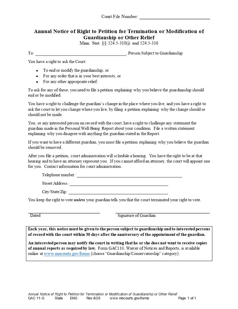 Annual Notice Of Right To Petition For Term Or Mod Of Guardianship {GAC 11-G} | Pdf Fpdf Docx | Minnesota