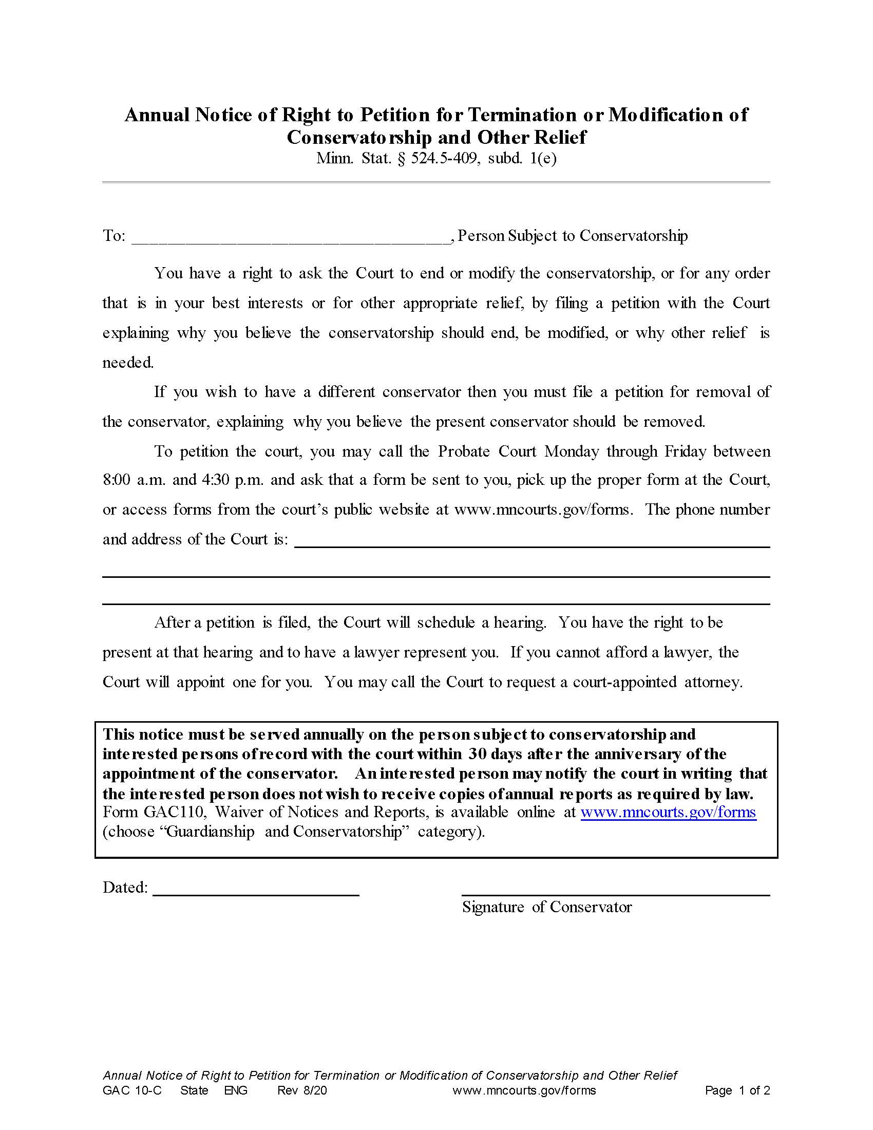 Annual Notice Of Right To Petition For Termination Or Modification Of Conservatorship And Other Relief {GAC-10-C} | Pdf Fpdf Doc Docx | Minnesota