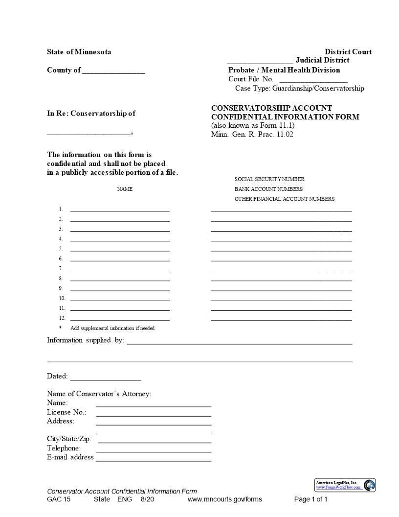 Conservatorship Account Confidential Information Form {GAC-15} | Pdf Fpdf Doc Docx | Minnesota