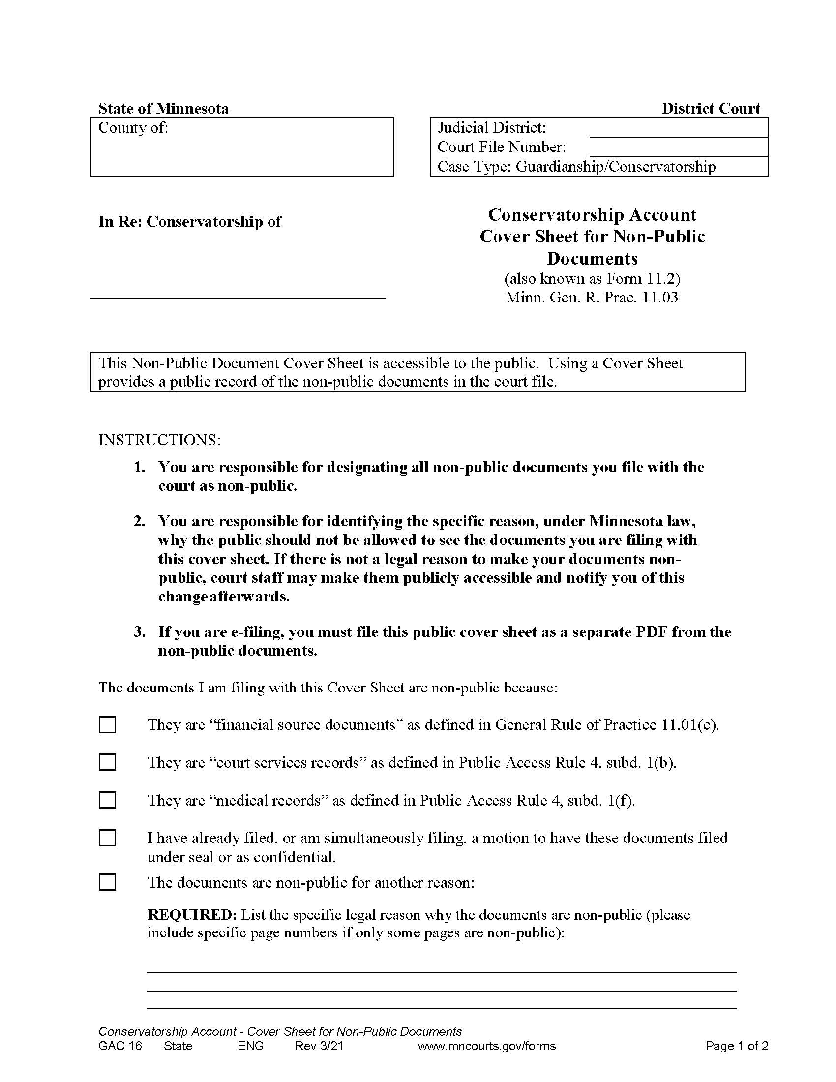 Conservatorship Account Cover Sheet For Non Public Documents {GAC-16} | Pdf Fpdf Doc Docx | Minnesota