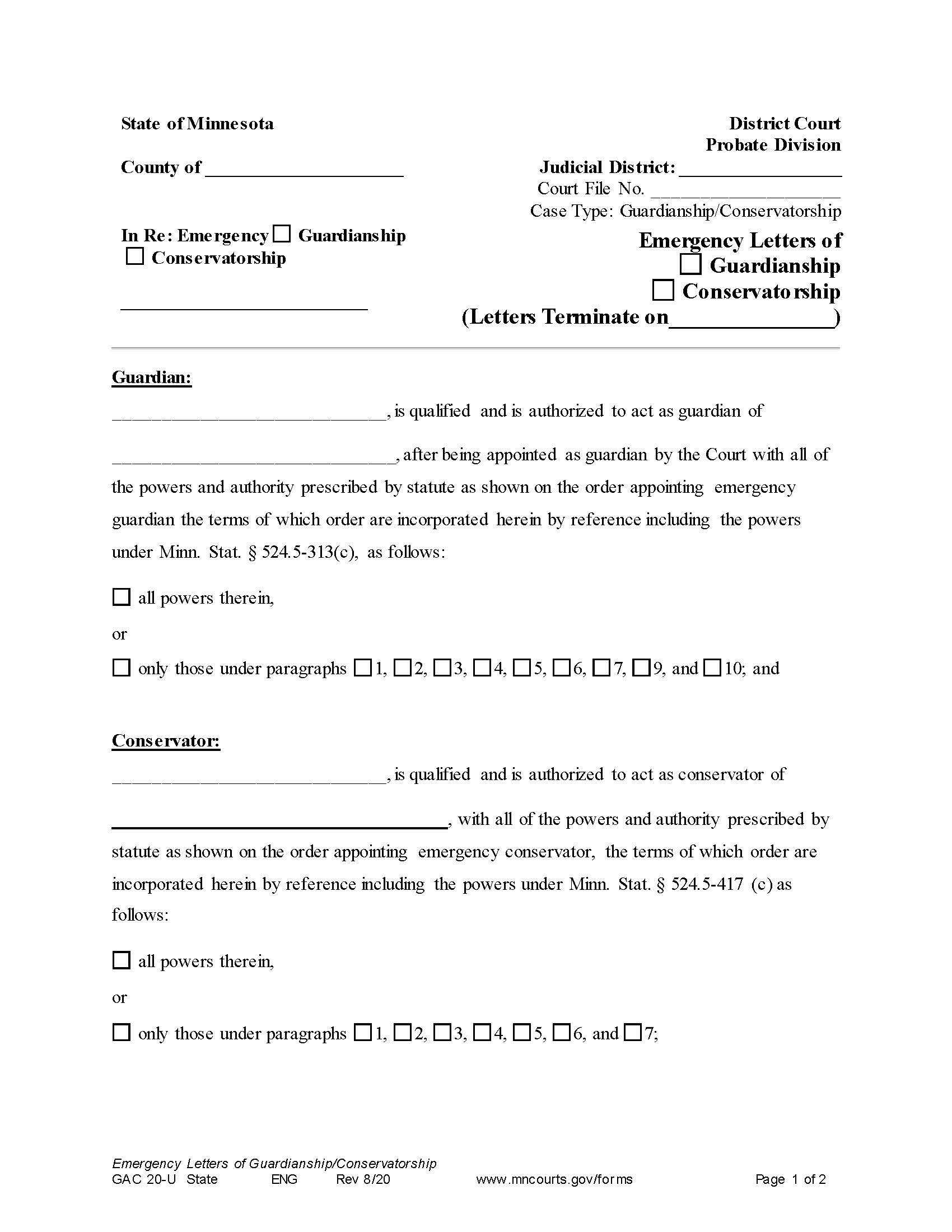 Emergency Letters Of Guardianship Or Conservatorship {GAC-20-U} | Pdf Fpdf Doc Docx | Minnesota