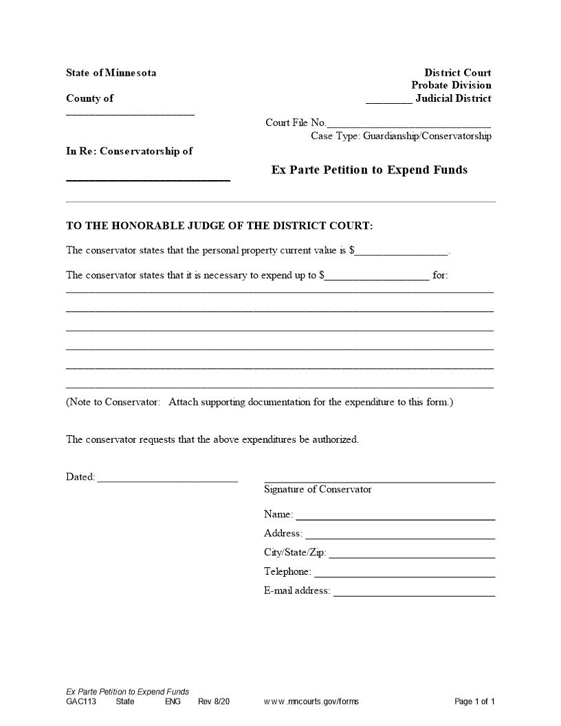 Ex Parte PetitionTo Expend Funds {GAC-113} | Pdf Fpdf Doc Docx | Minnesota