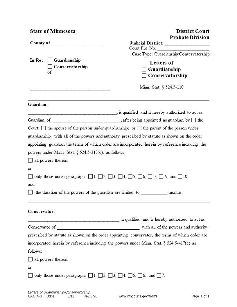 Letters Of Guardianship Of Person Or Conservatorship Of Estate {GAC-4-U} | Pdf Fpdf Doc Docx | Minnesota