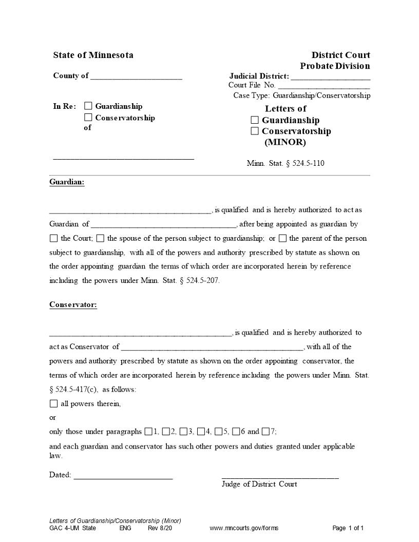 Letters Of Guardianship Or Conservatorship Minor {GAC-4-UM} | Pdf Fpdf Doc Docx | Minnesota