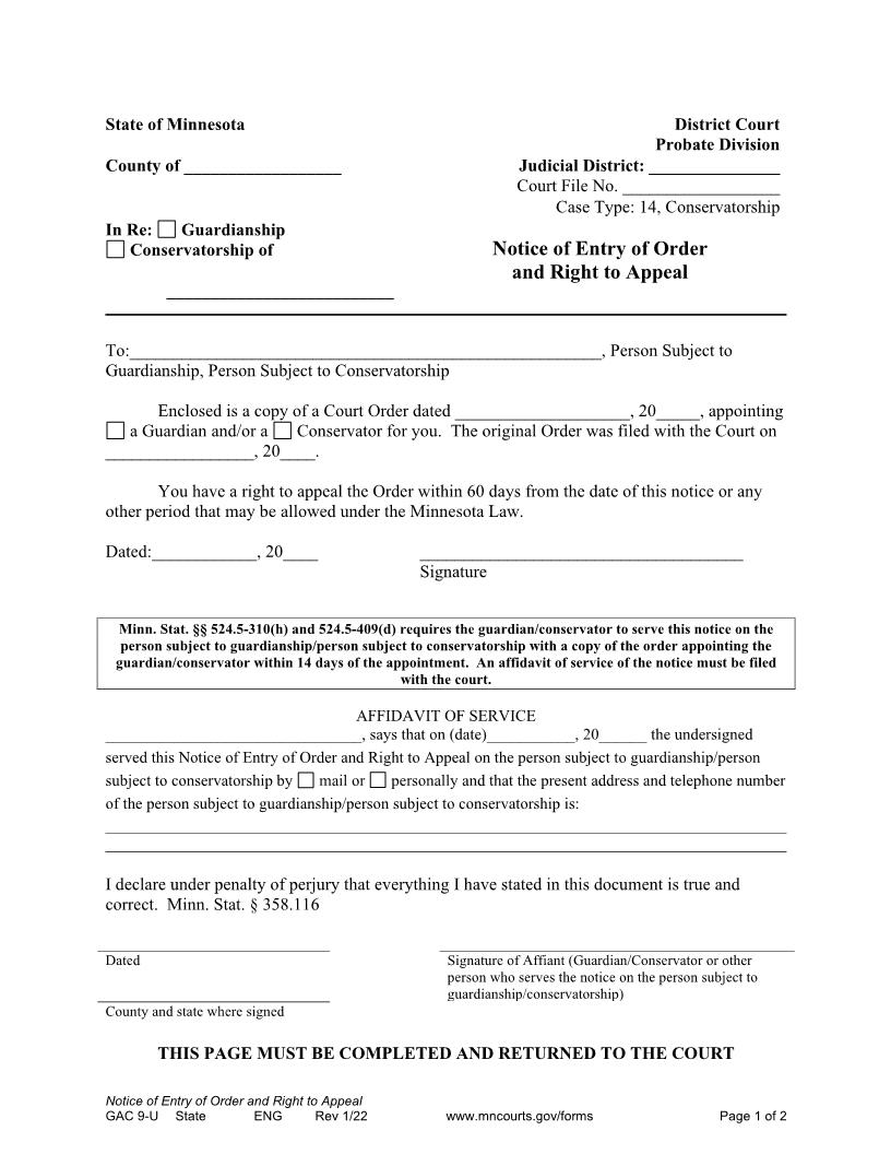 Notice Of Entry Of Order And Right To Appeal {GAC-9-U} | Pdf Fpdf Doc Docx | Minnesota