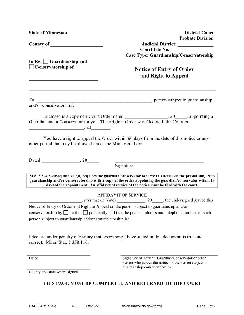 Notice Of Entry Of Order And Right To Appeal {GAC-9-UM} | Pdf Fpdf Doc Docx | Minnesota