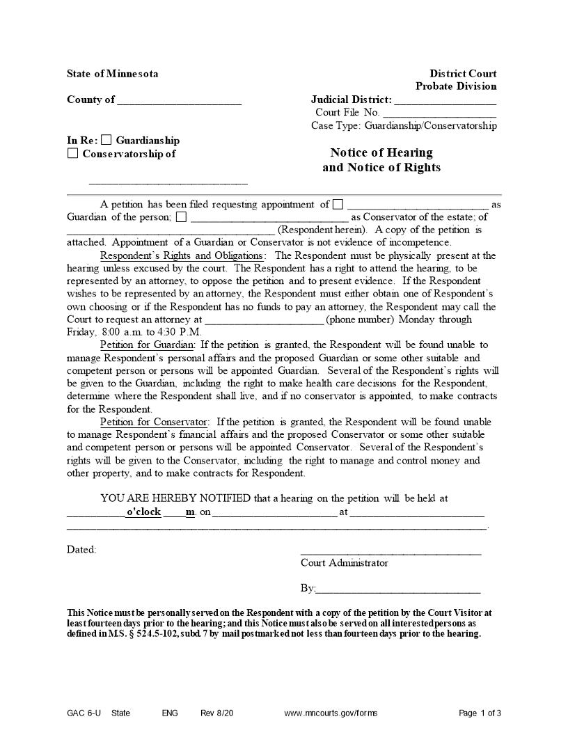 Notice Of Hearing And Notice Of Rights {GAC-6-U} | Pdf Fpdf Doc Docx | Minnesota