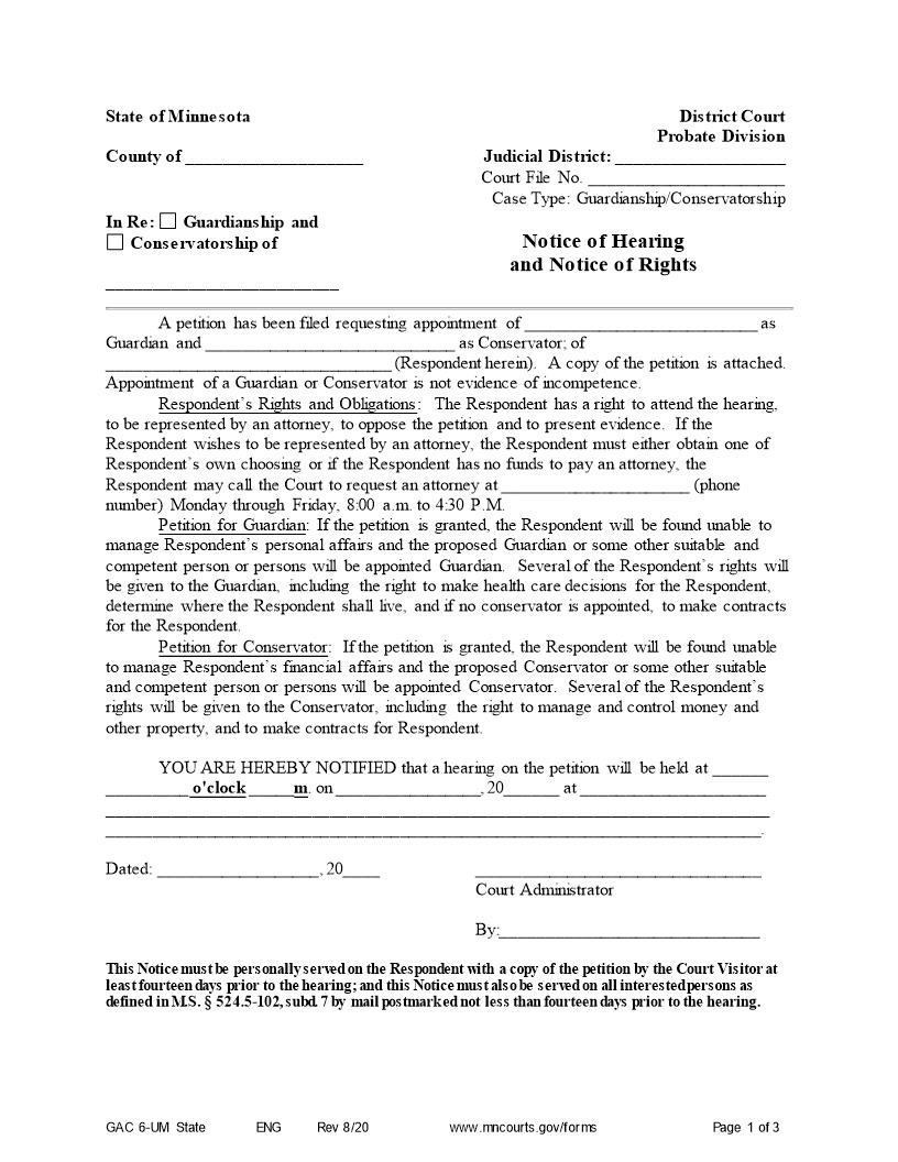 Notice Of Hearing And Notice Of Rights {GAC-6-UM} | Pdf Fpdf Doc Docx | Minnesota