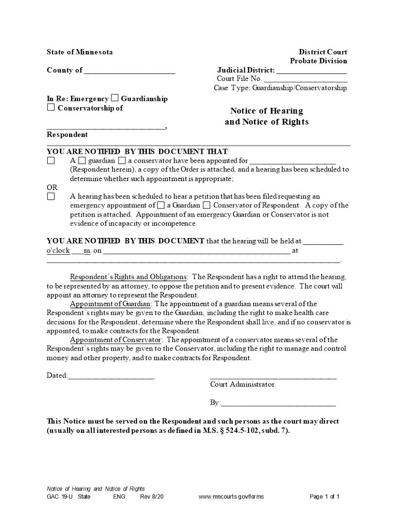 Notice Of Hearing And Notice Of Rights (Regarding Emergency Guardian Or Conservator) {GAC-19-U} | Pdf Fpdf Docx | Minnesota