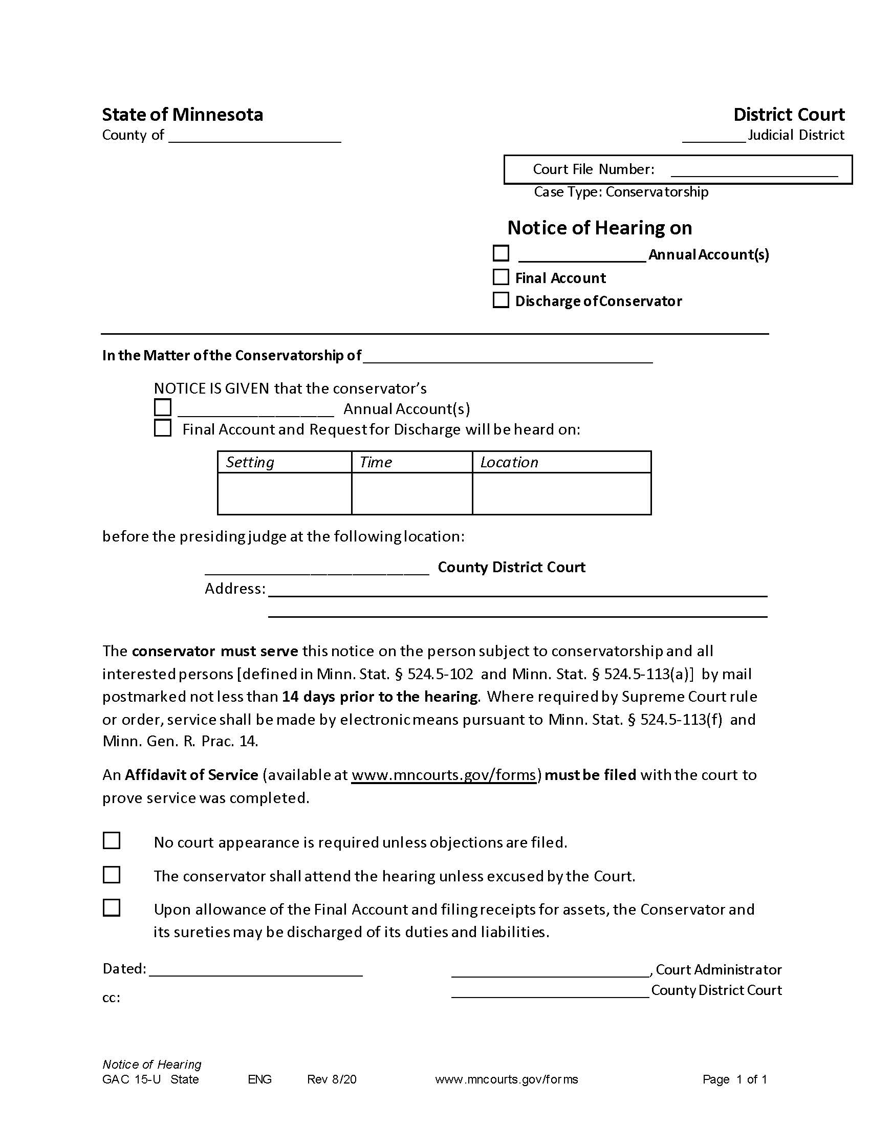 Notice Of Hearing On Annual Account Final Account Or Discharge Of Conservator {GAC-15-U} | Pdf Fpdf Doc Docx | Minnesota