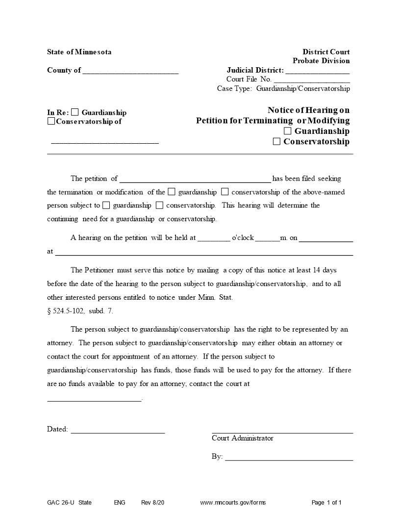 Notice Of Hearing On Petition For Terminating Or Modifying Guardianship Conservatorship {GAC-26-U} | Pdf Fpdf Docx | Minnesota