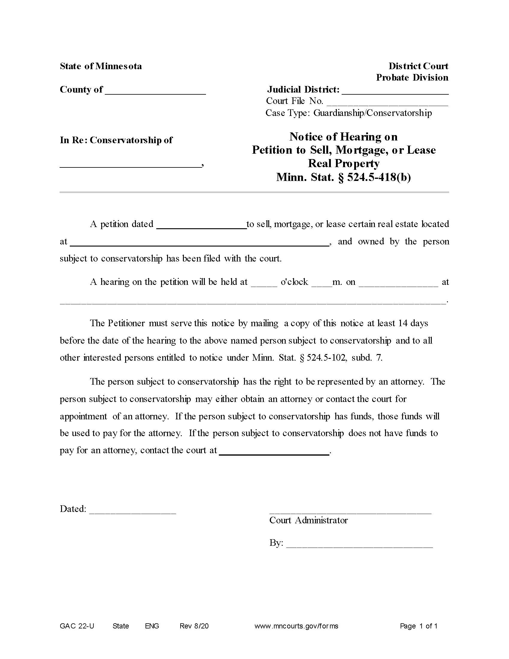 Notice Of Hearing On Petition To Sell Mortgage Or Lease Real Property {GAC-22-U} | Pdf Fpdf Docx | Minnesota