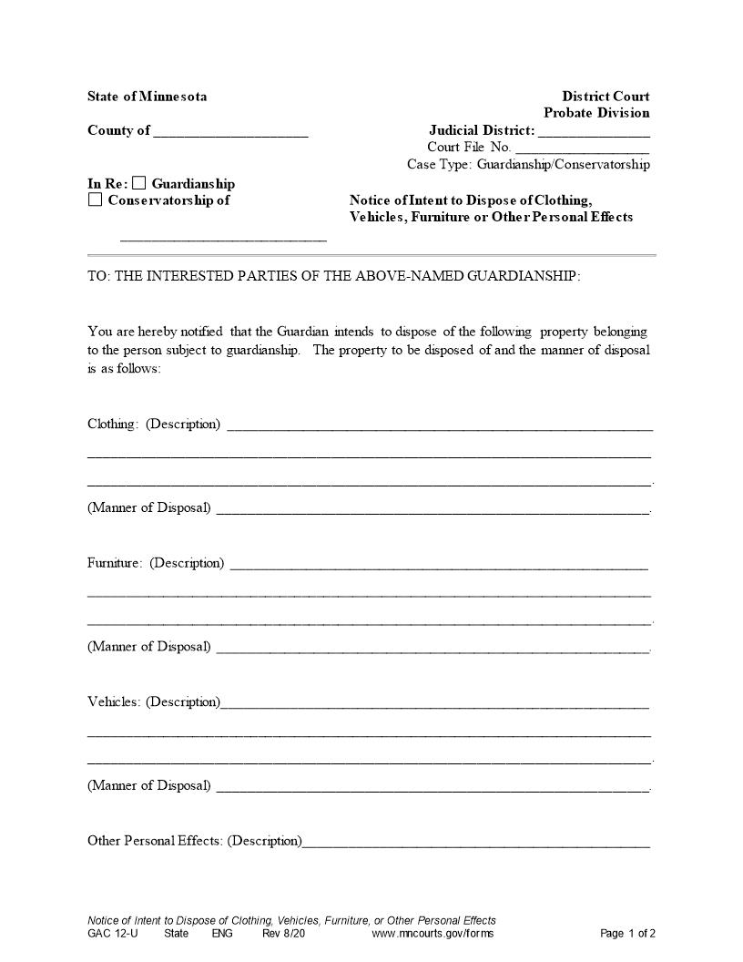 Notice Of Intent To Dispose Of Clothing Vehicles Furniture Or Other Personal Effects {GAC-12-U} | Pdf Fpdf Doc Docx | Minnesota