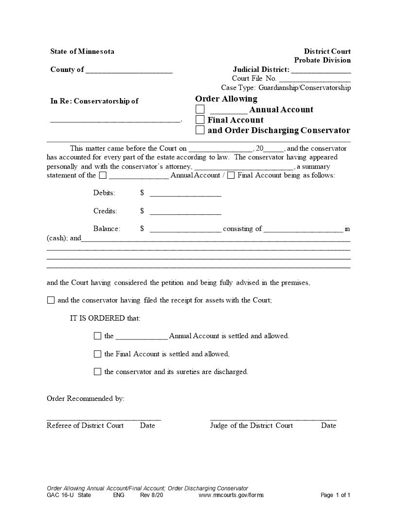 Order Allowing Annual Account Or Final Account Or Discharge Of Conservator {GAC-16-U} | Pdf Fpdf Doc Docx | Minnesota