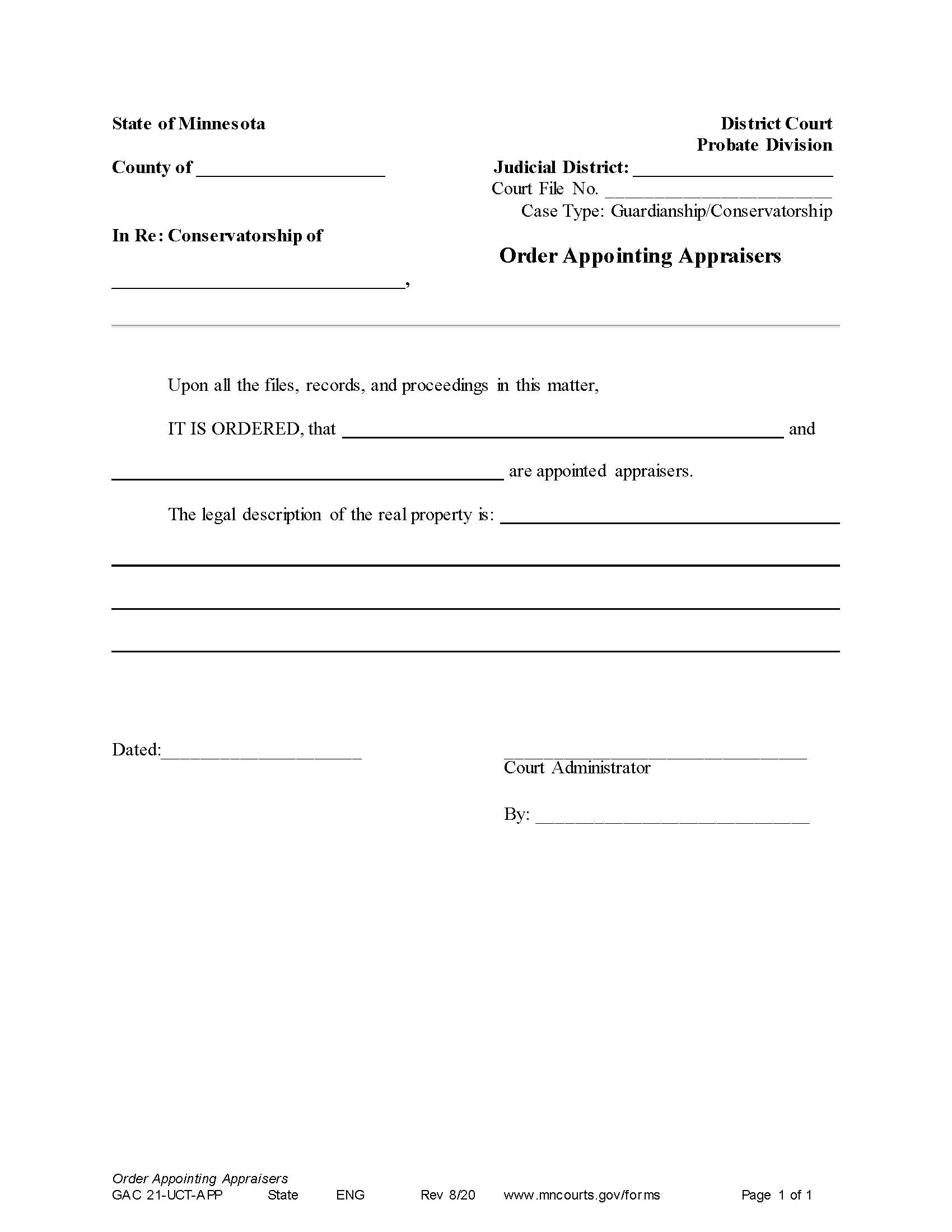 Order Appointing Appraisers {GAC-21-U-APP} | Pdf Fpdf Docx | Minnesota