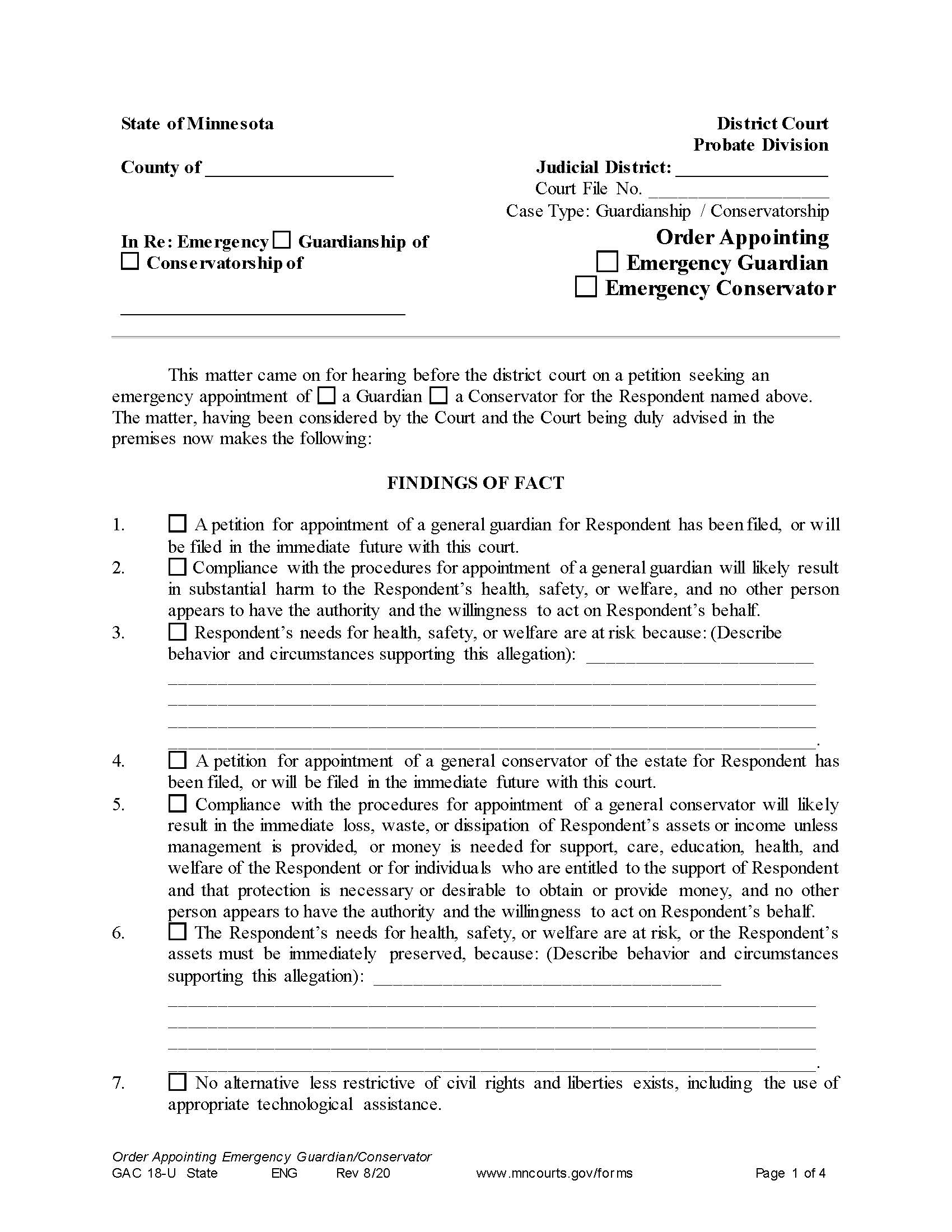 Order Appointing Emergency Guardian Or Emergency Conservator {GAC-18-U} | Pdf Fpdf Doc Docx | Minnesota